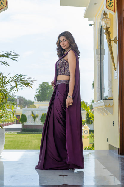Purple Saree Set Embellished Bustier Blouse