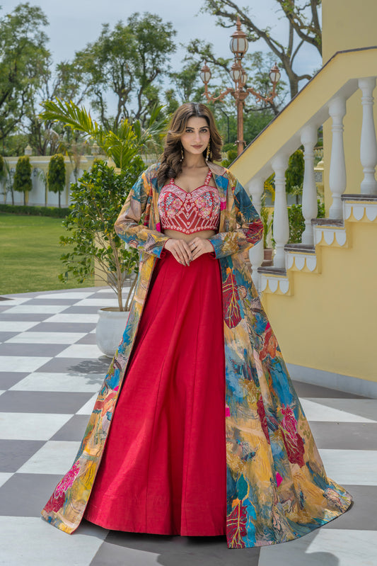 Red Lehenga Set with Multi-Colored Abstract Printed Long Shrug