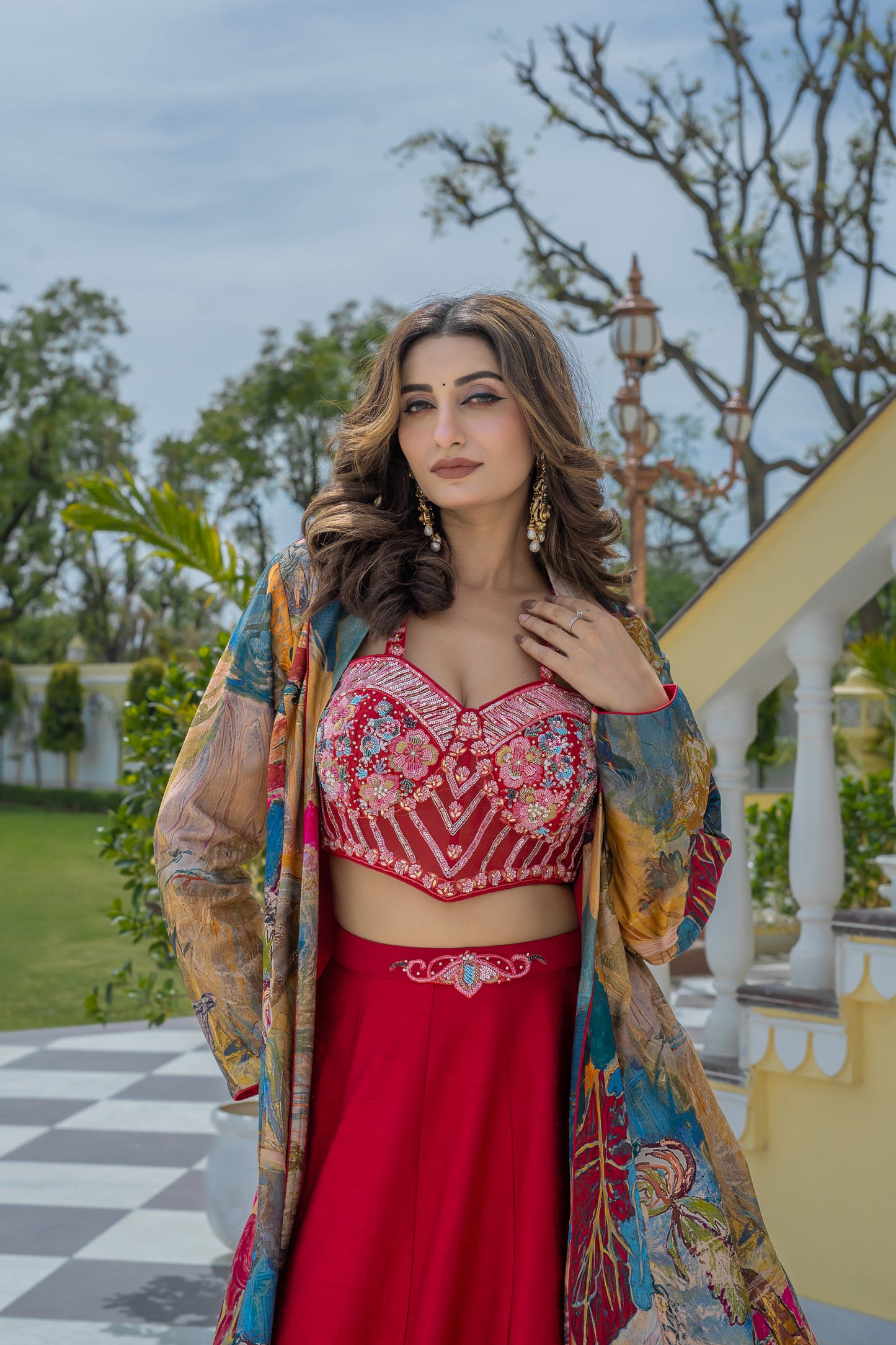 Red Lehenga Set with Multi-Colored Abstract Printed Long Shrug