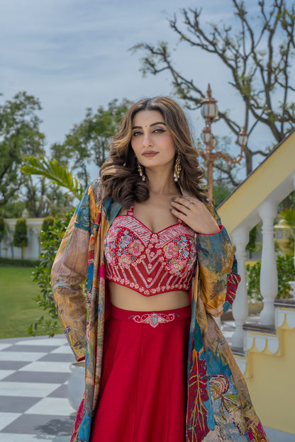 Red Lehenga Set with Multi-Colored Abstract Printed Long Shrug