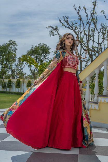 Red Lehenga Set with Multi-Colored Abstract Printed Long Shrug
