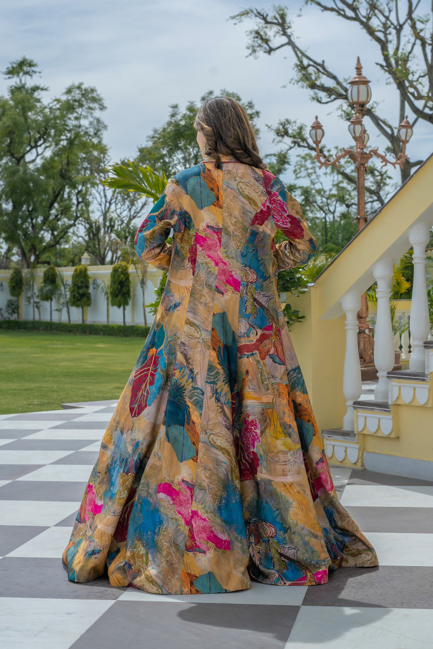 Red Lehenga Set with Multi-Colored Abstract Printed Long Shrug