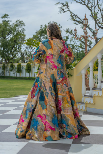 Red Lehenga Set with Multi-Colored Abstract Printed Long Shrug