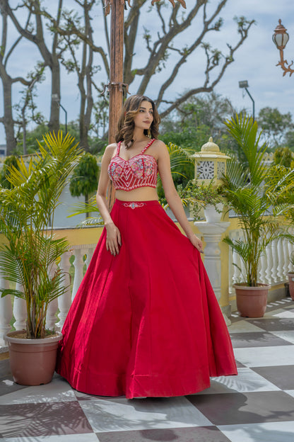 Red Lehenga Set with Multi-Colored Abstract Printed Long Shrug