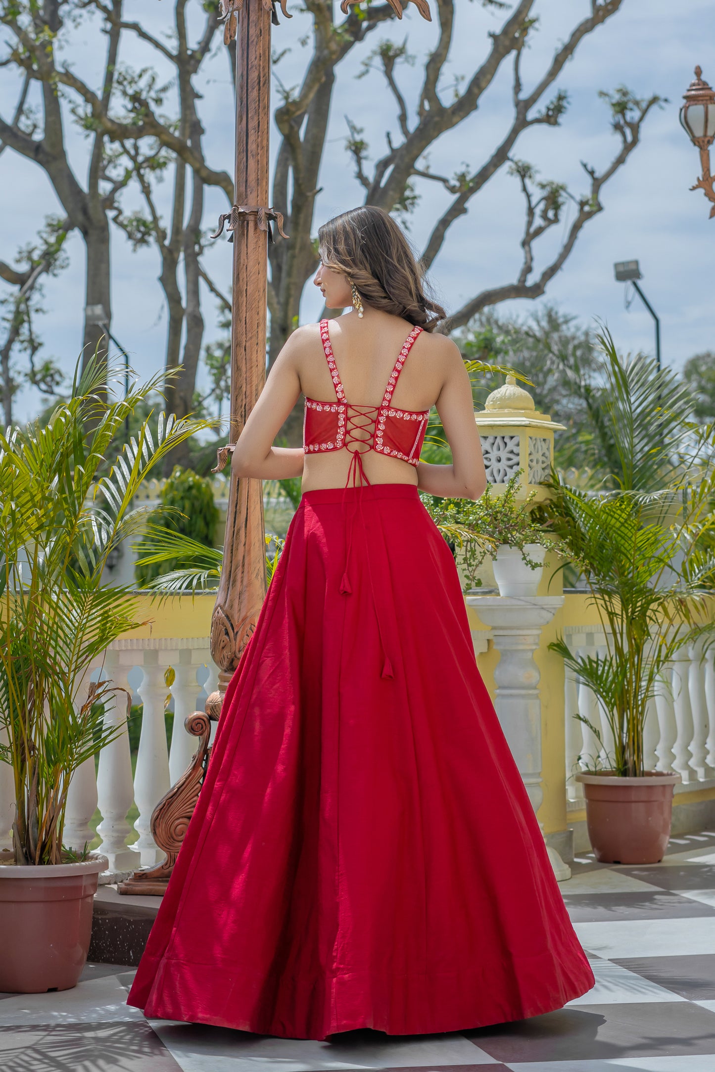 Red Lehenga Set with Multi-Colored Abstract Printed Long Shrug