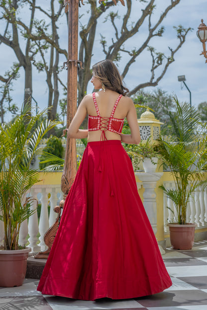 Red Lehenga Set with Multi-Colored Abstract Printed Long Shrug