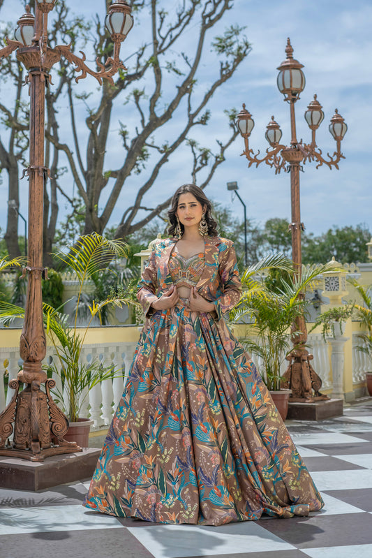 Brown Lehenga Suit Set with Floral Print and Cropped Blazer