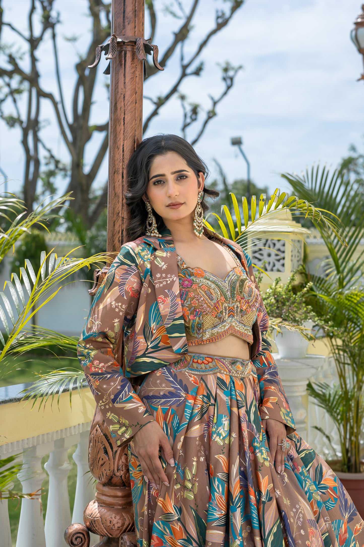 Brown Lehenga Suit Set with Floral Print and Cropped Blazer