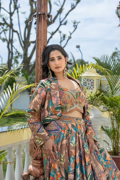 Brown Lehenga Suit Set with Floral Print and Cropped Blazer