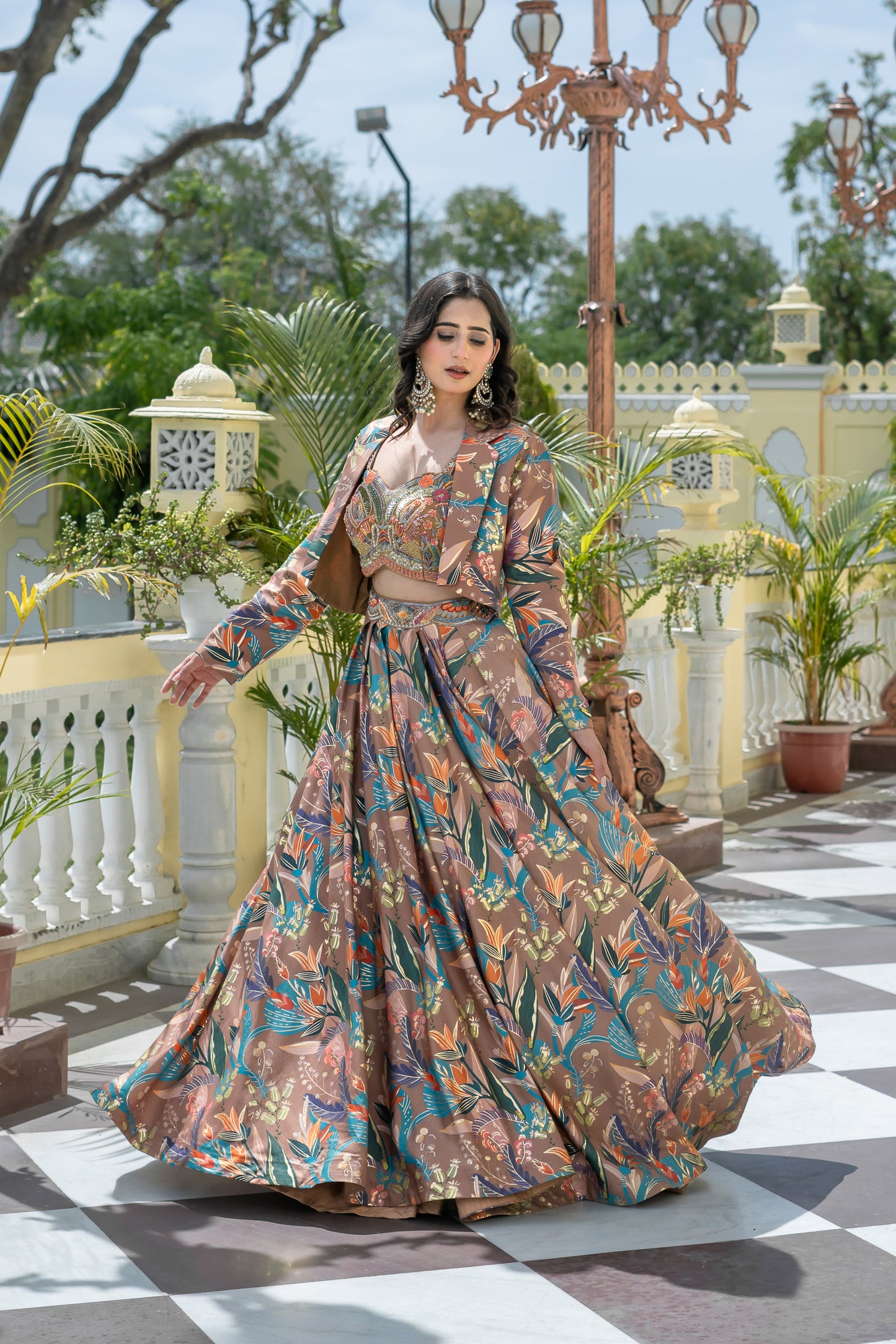 Brown Lehenga Suit Set with Floral Print and Cropped Blazer
