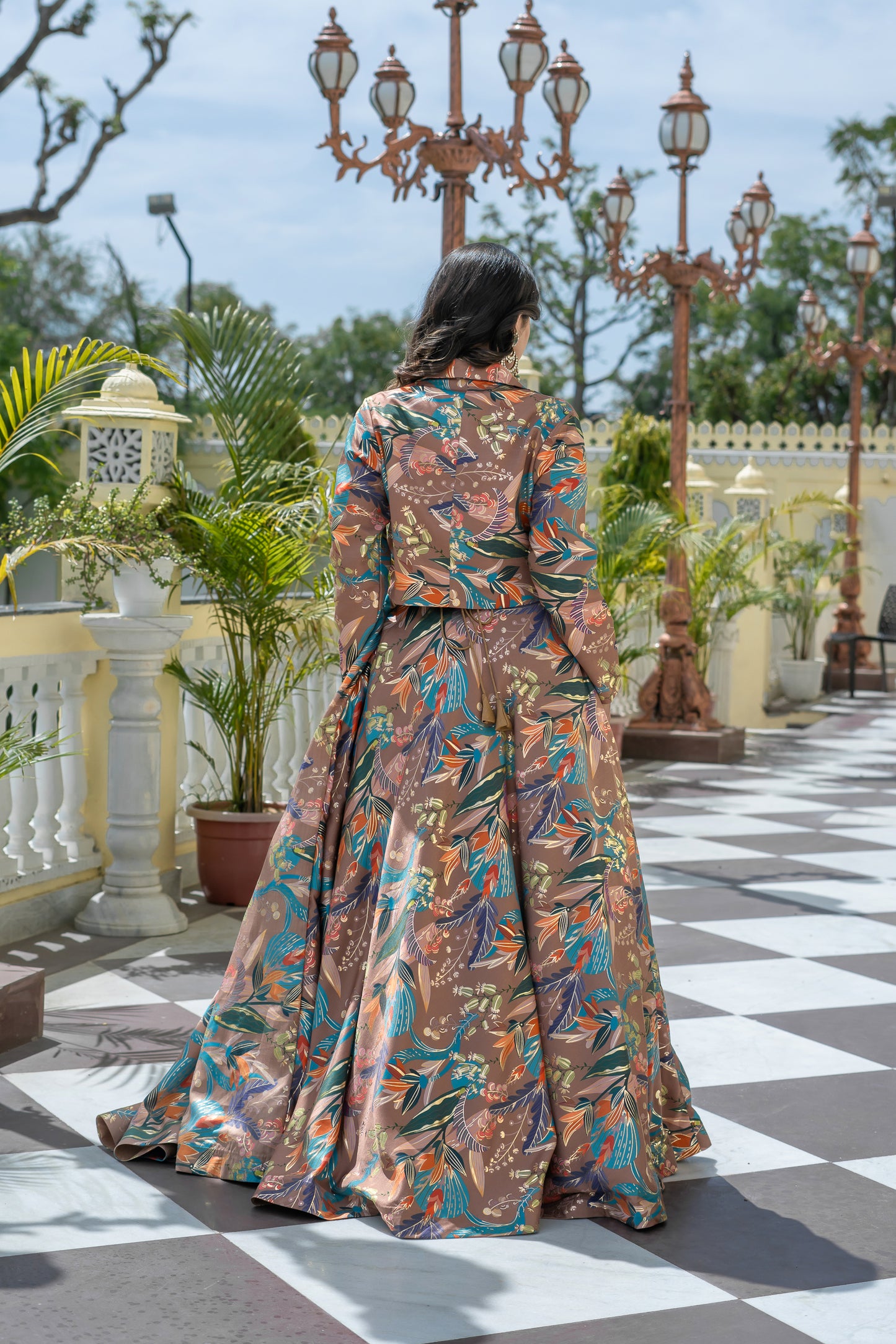 Brown Lehenga Suit Set with Floral Print and Cropped Blazer