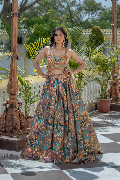 Brown Lehenga Suit Set with Floral Print and Cropped Blazer