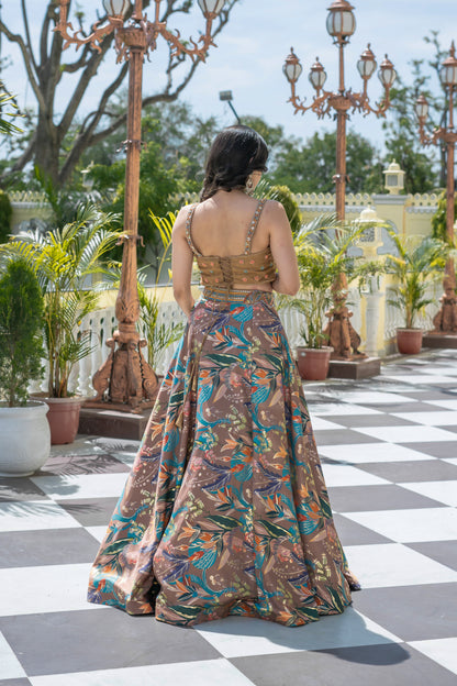 Brown Lehenga Suit Set with Floral Print and Cropped Blazer