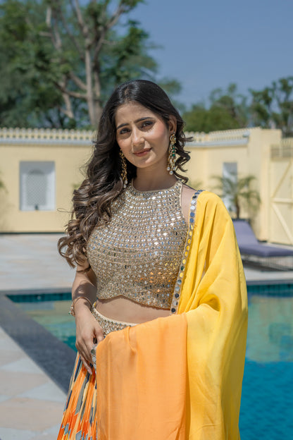 Yellow Ikat Printed Lehenga Choli Set
