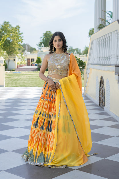 Yellow Ikat Printed Lehenga Choli Set