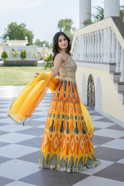 Yellow Ikat Printed Lehenga Choli Set