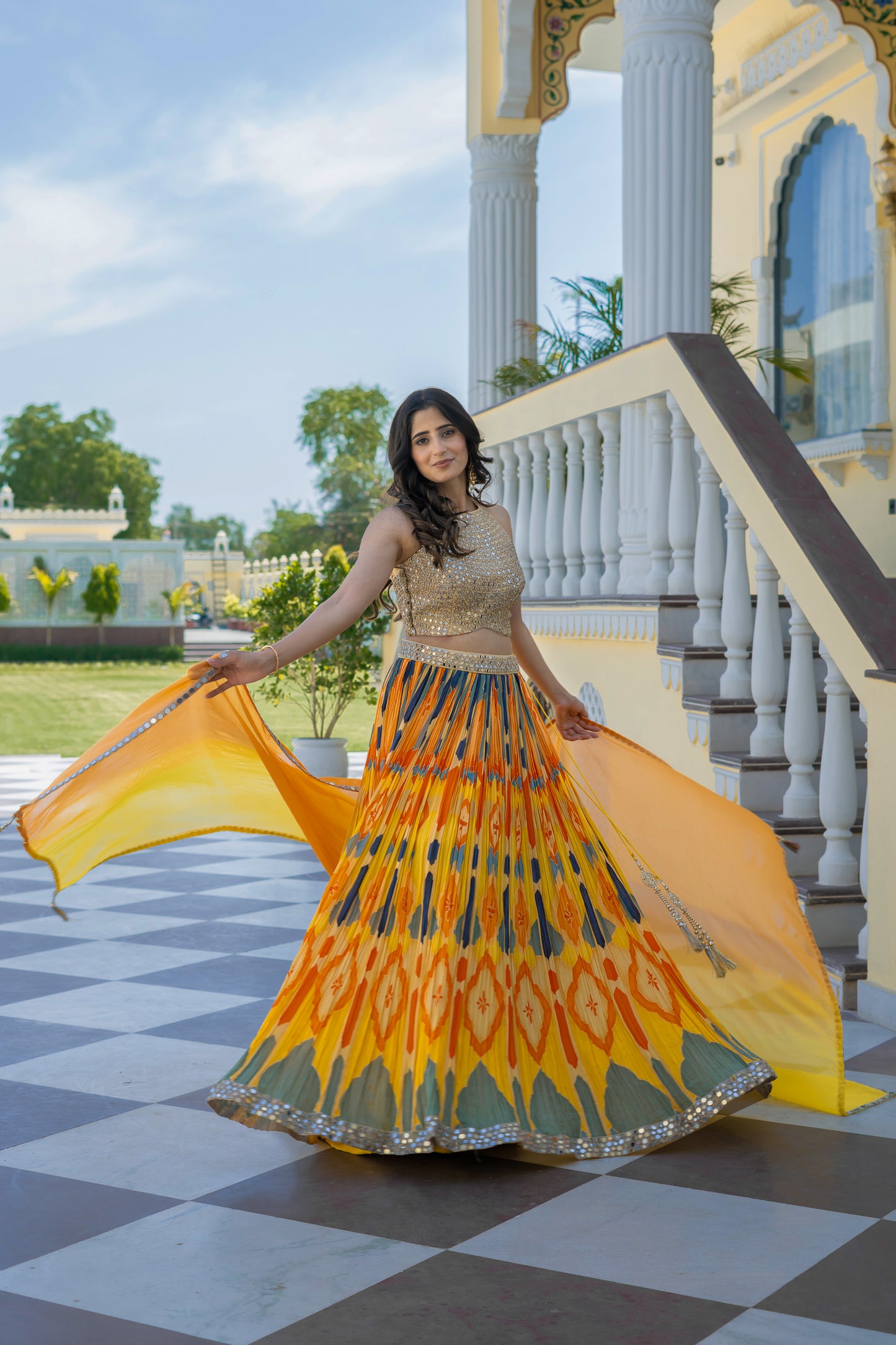 Yellow Ikat Printed Lehenga Choli Set