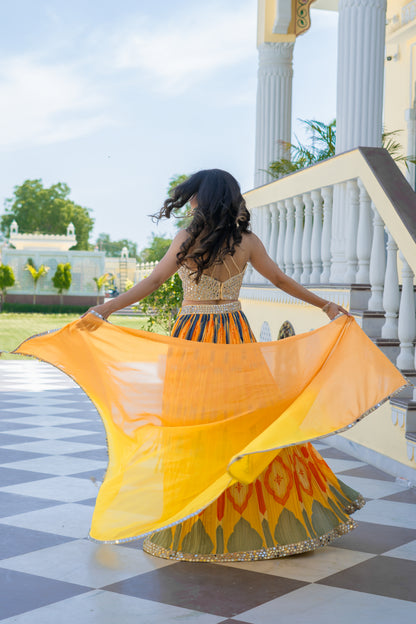 Yellow Ikat Printed Lehenga Choli Set