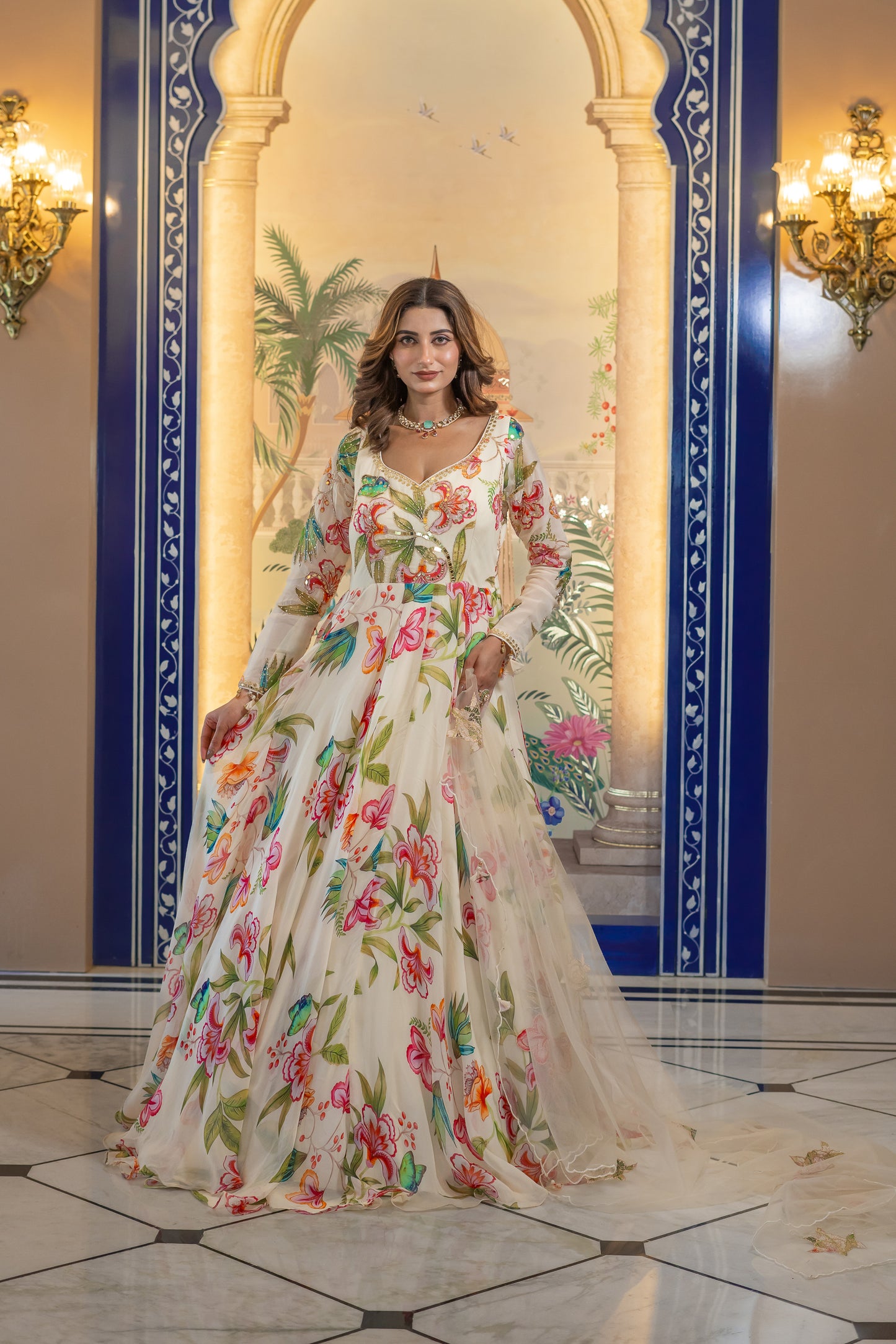 Off-White Anarkali Kurta Set with Multi-Colour Floral Print