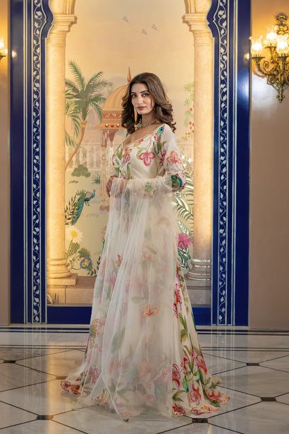 Off-White Anarkali Kurta Set with Multi-Colour Floral Print