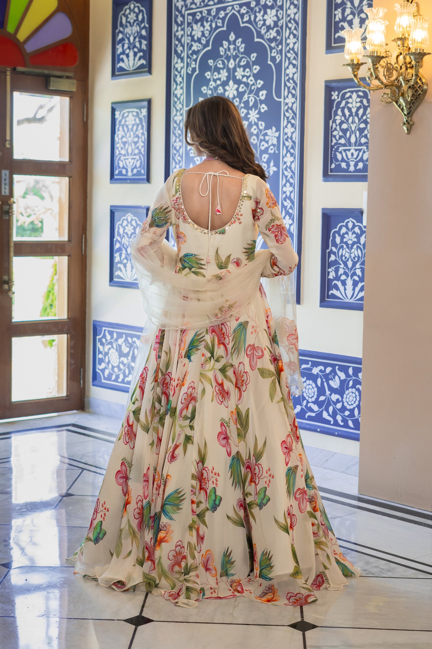 Off-White Anarkali Kurta Set with Multi-Colour Floral Print