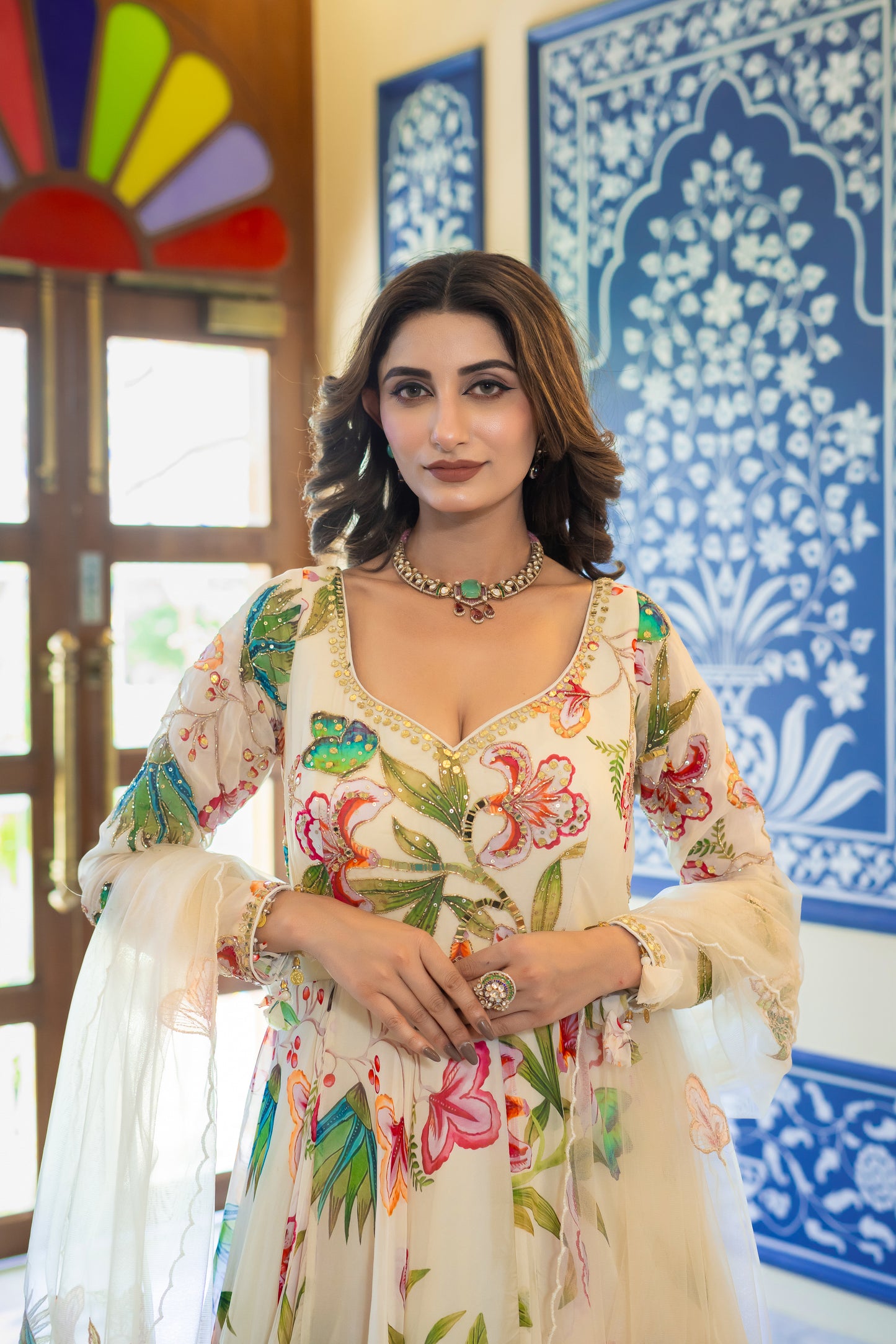 Off-White Anarkali Kurta Set with Multi-Colour Floral Print