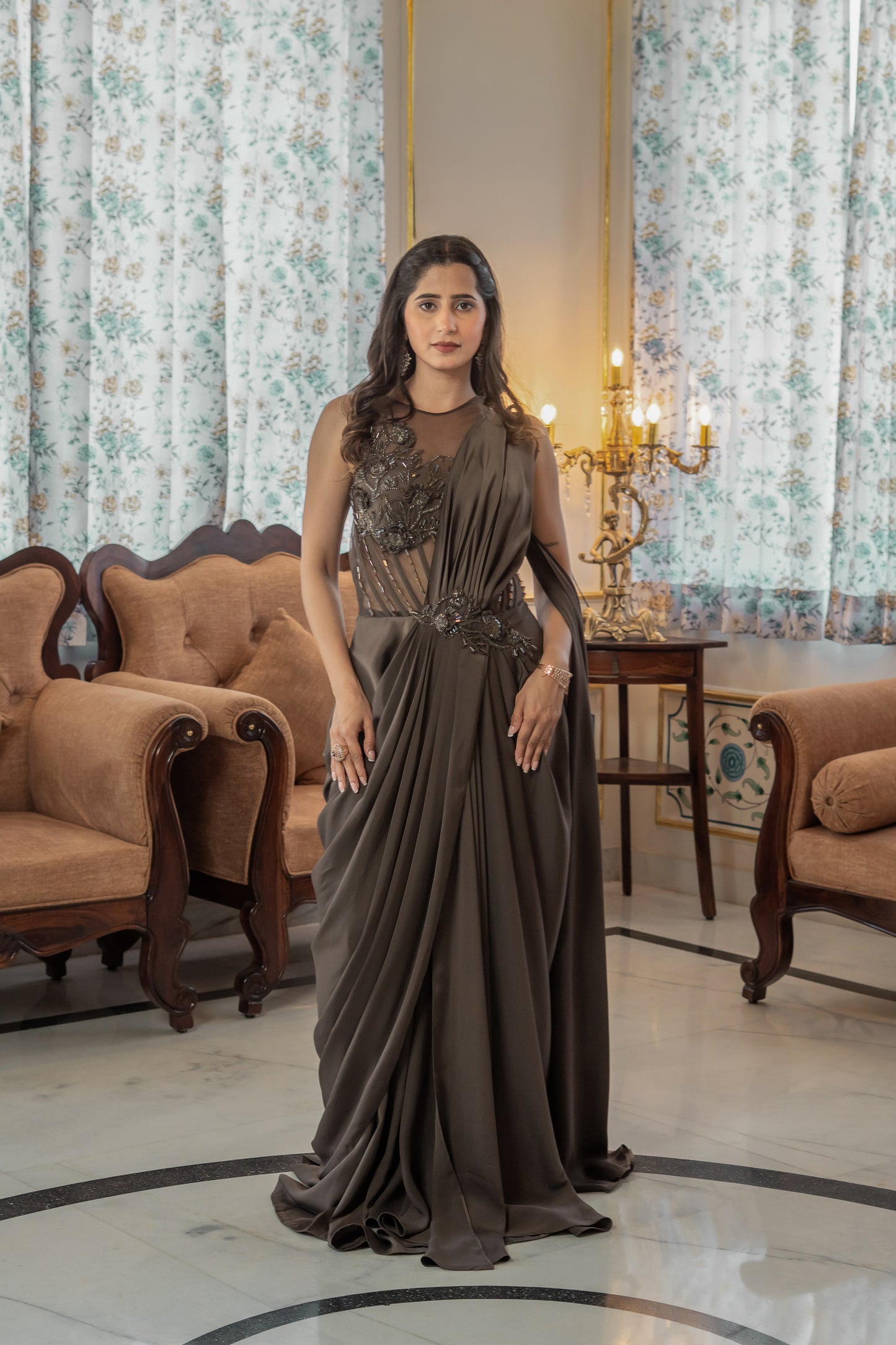 Brown Saree Gown Embellished Corset Bodice