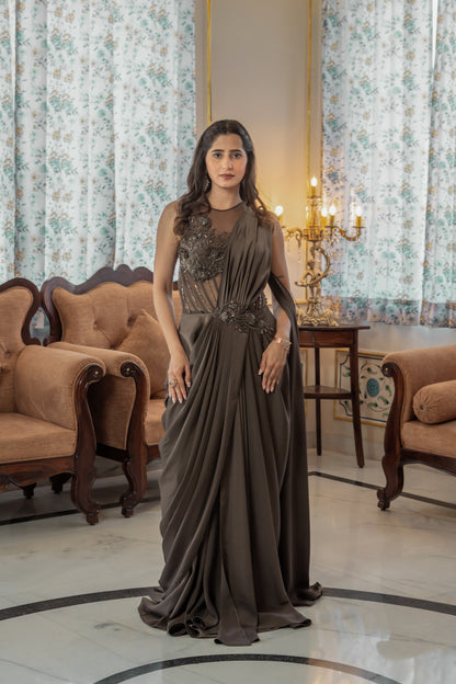 Brown Saree Gown Embellished Corset Bodice
