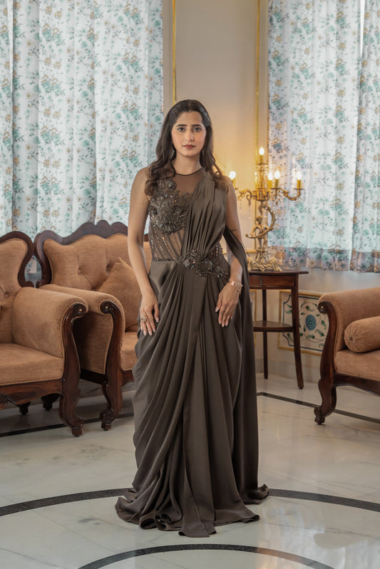 Brown Saree Gown Embellished Corset Bodice