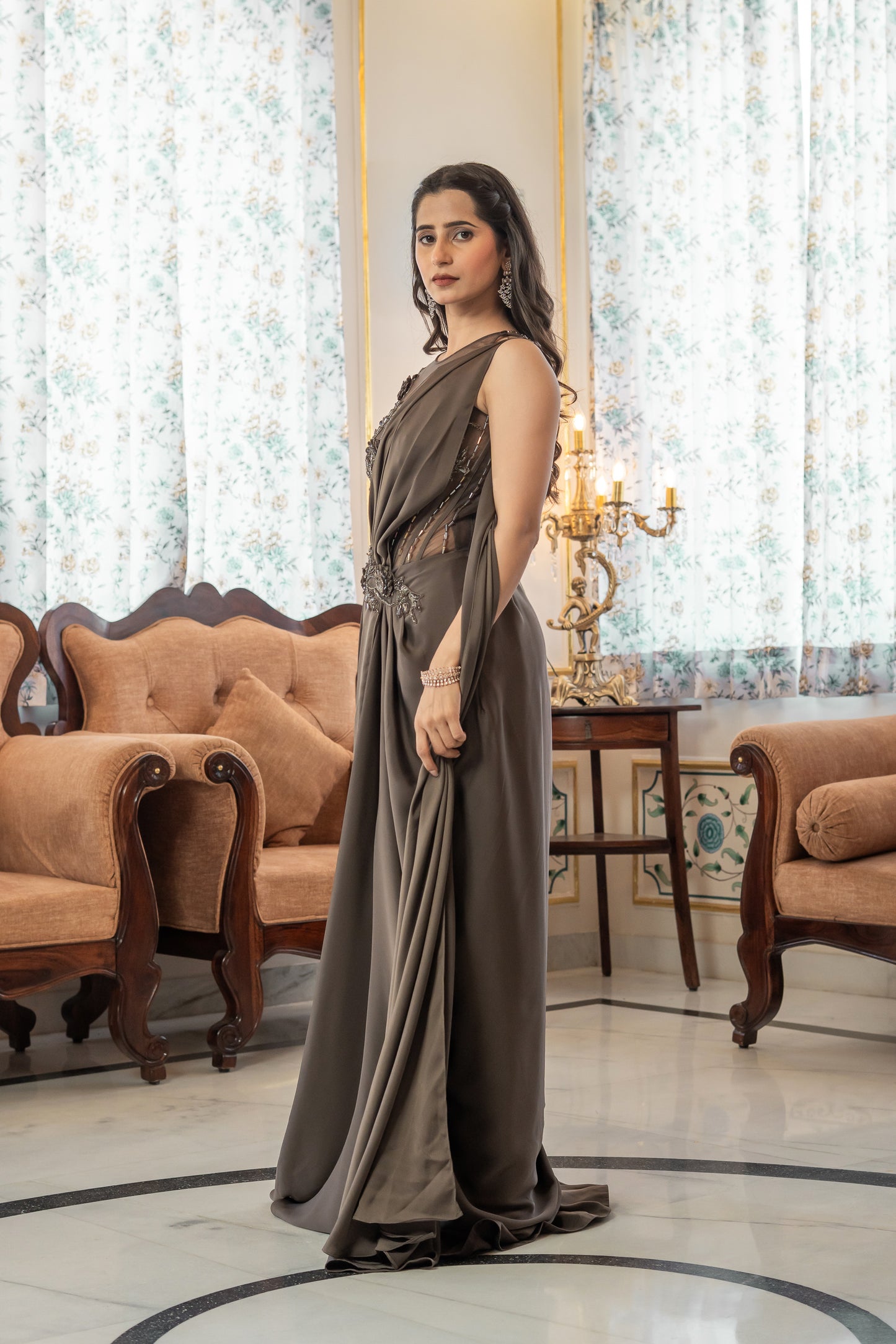 Brown Saree Gown Embellished Corset Bodice