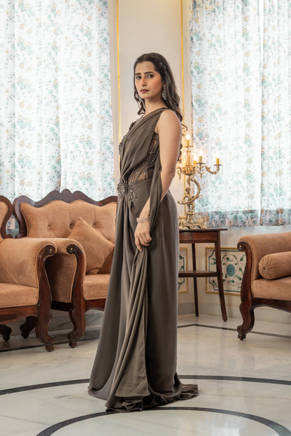 Brown Saree Gown Embellished Corset Bodice