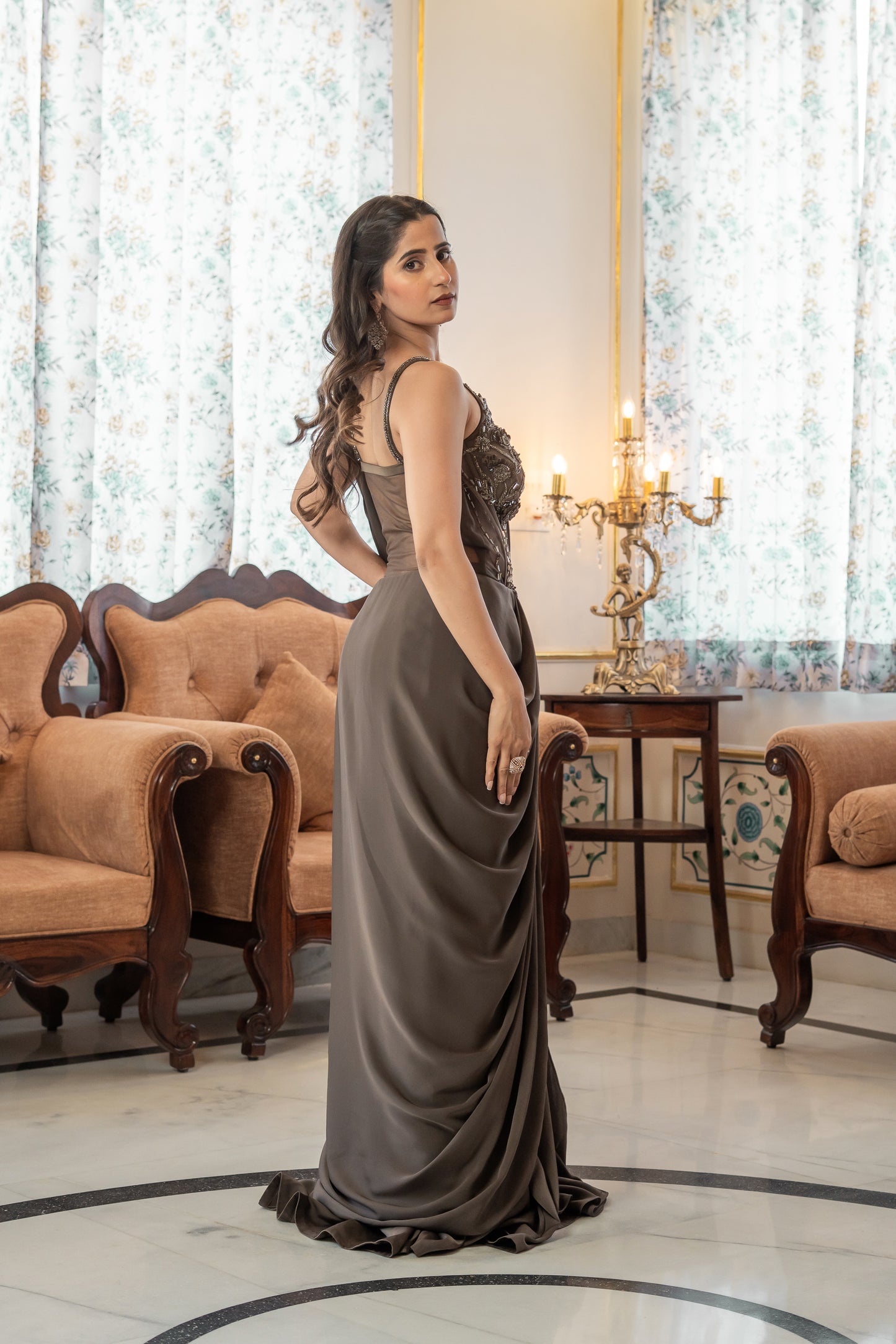 Brown Saree Gown Embellished Corset Bodice