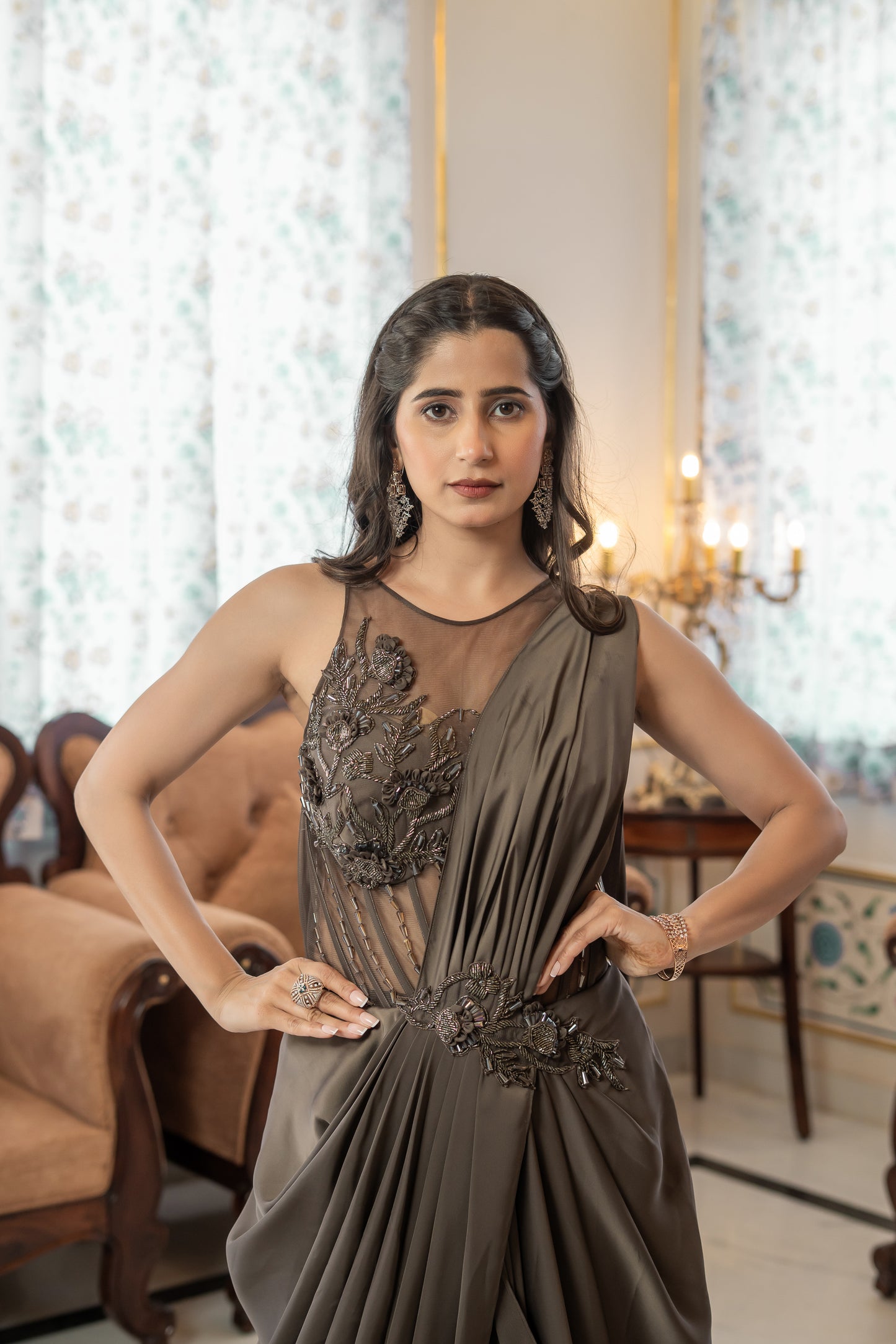 Brown Saree Gown Embellished Corset Bodice