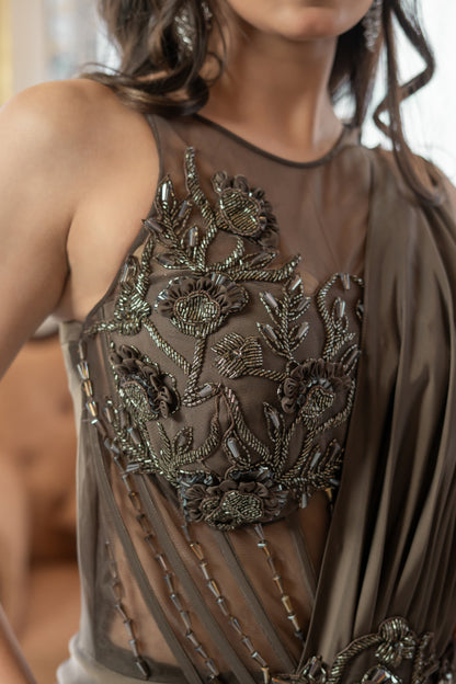 Brown Saree Gown Embellished Corset Bodice