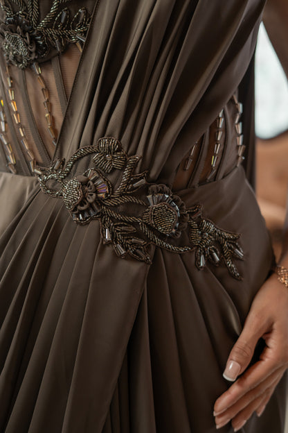 Brown Saree Gown Embellished Corset Bodice