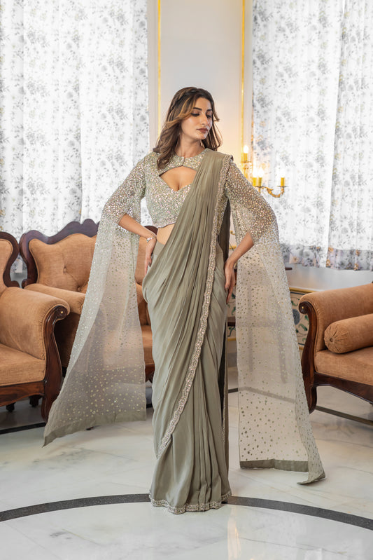 Taupe-Grey Satin Pre-Draped Saree Set with Cape-Sleeve Blouse