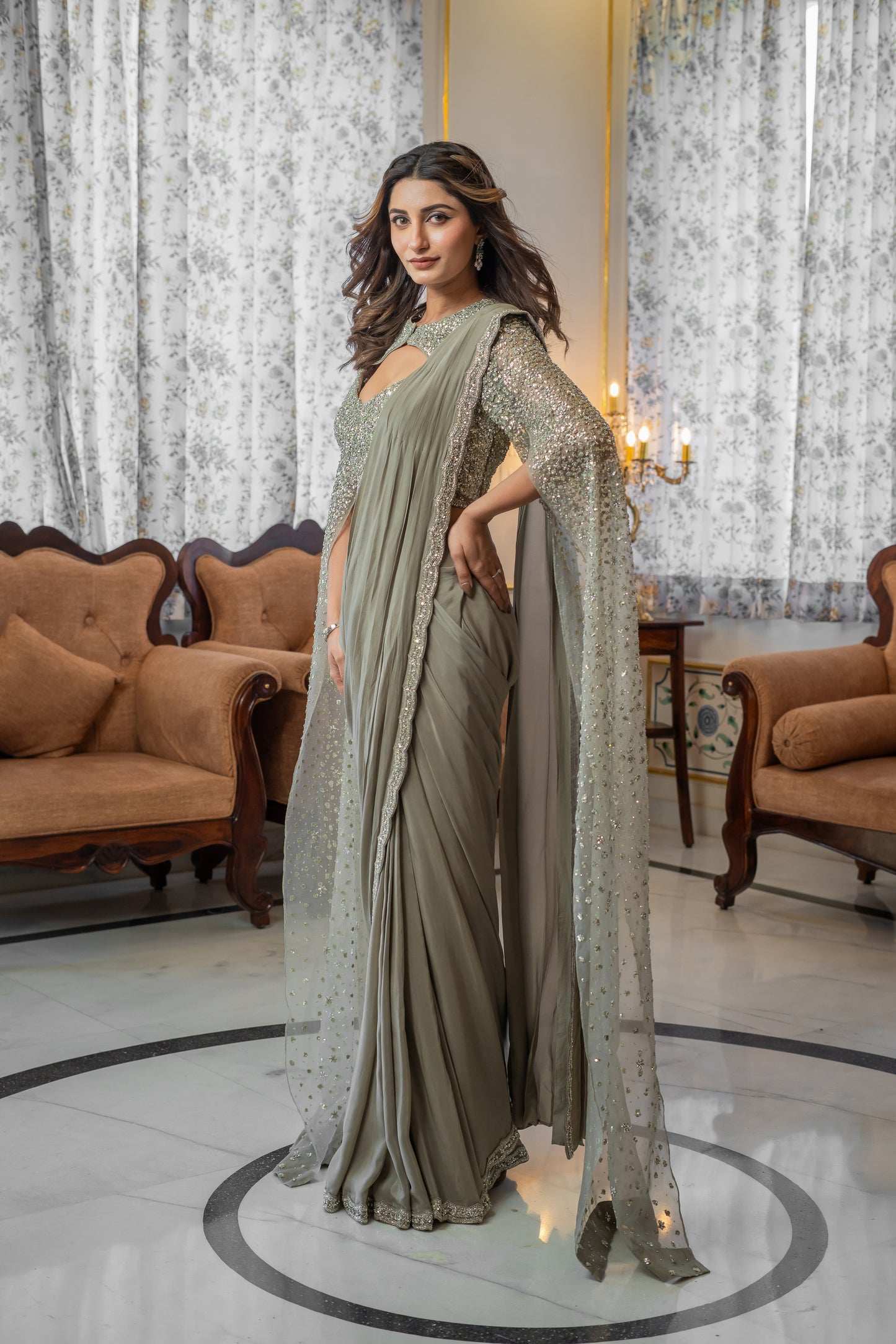 Taupe-Grey Satin Pre-Draped Saree Set with Cape-Sleeve Blouse