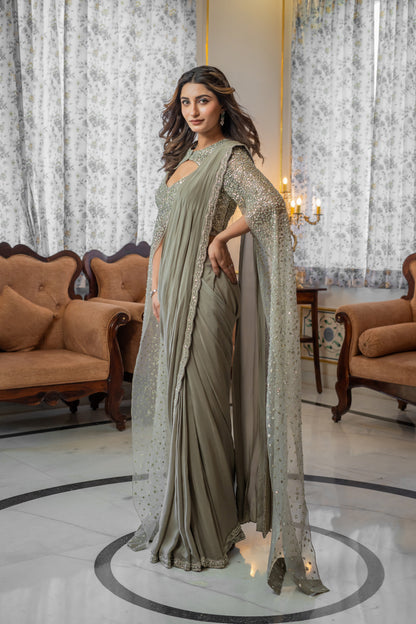 Taupe-Grey Satin Pre-Draped Saree Set with Cape-Sleeve Blouse