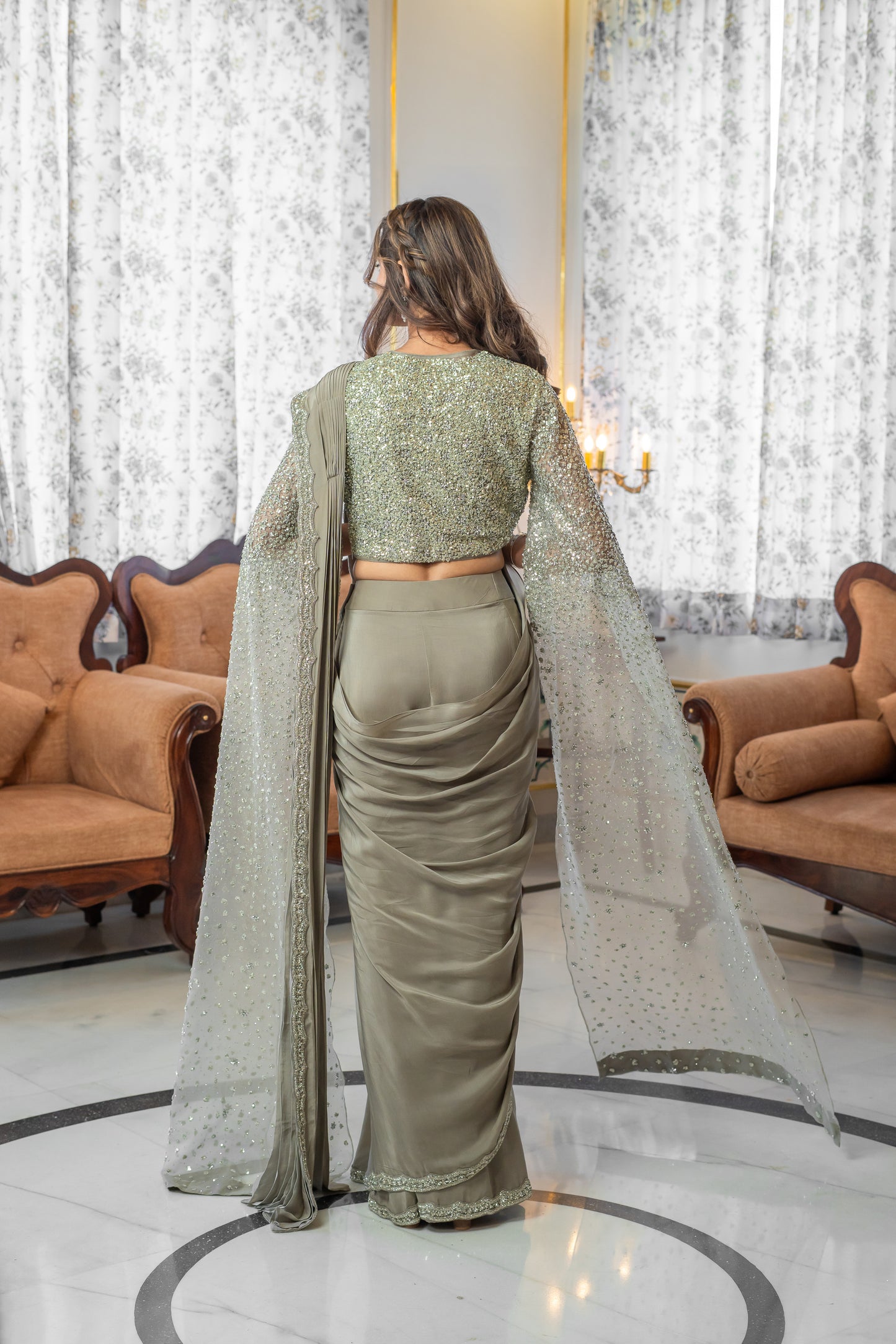 Taupe-Grey Satin Pre-Draped Saree Set with Cape-Sleeve Blouse