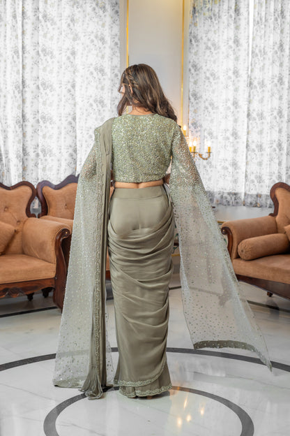 Taupe-Grey Satin Pre-Draped Saree Set with Cape-Sleeve Blouse