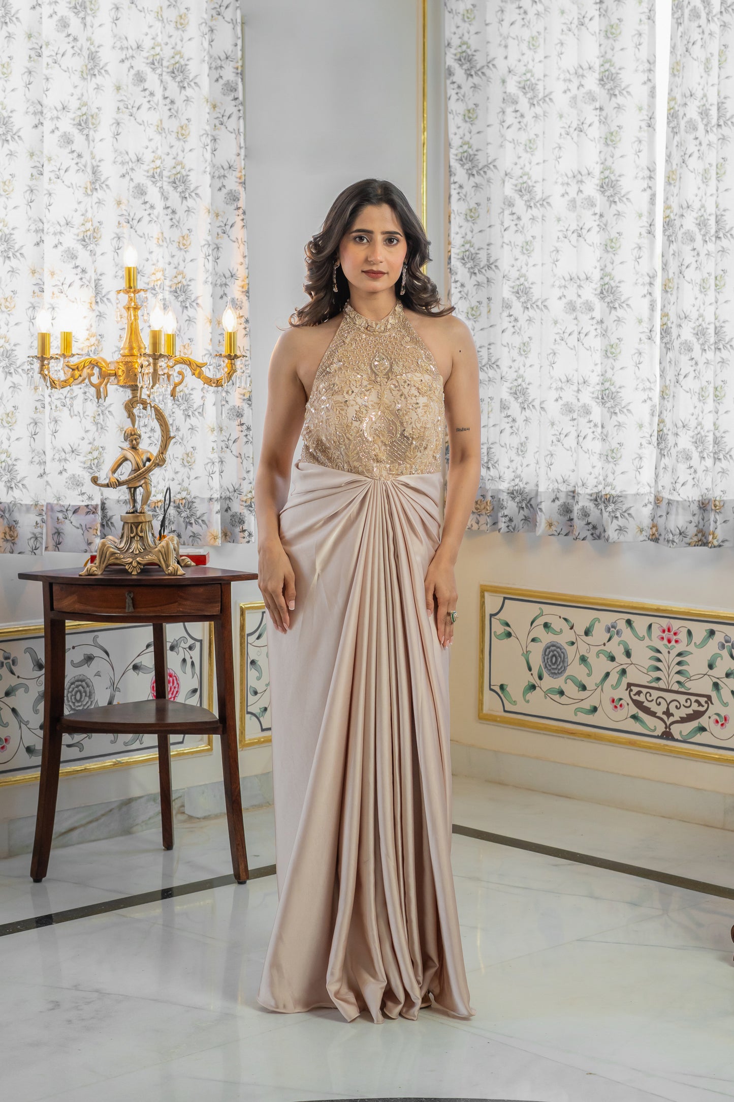Beige Gown with Embellished Halter Bodice