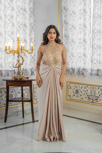 Beige Gown with Embellished Halter Bodice