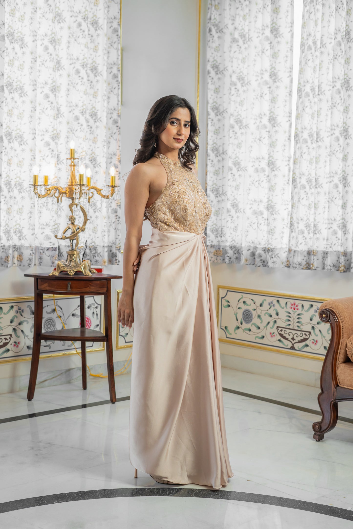 Beige Gown with Embellished Halter Bodice