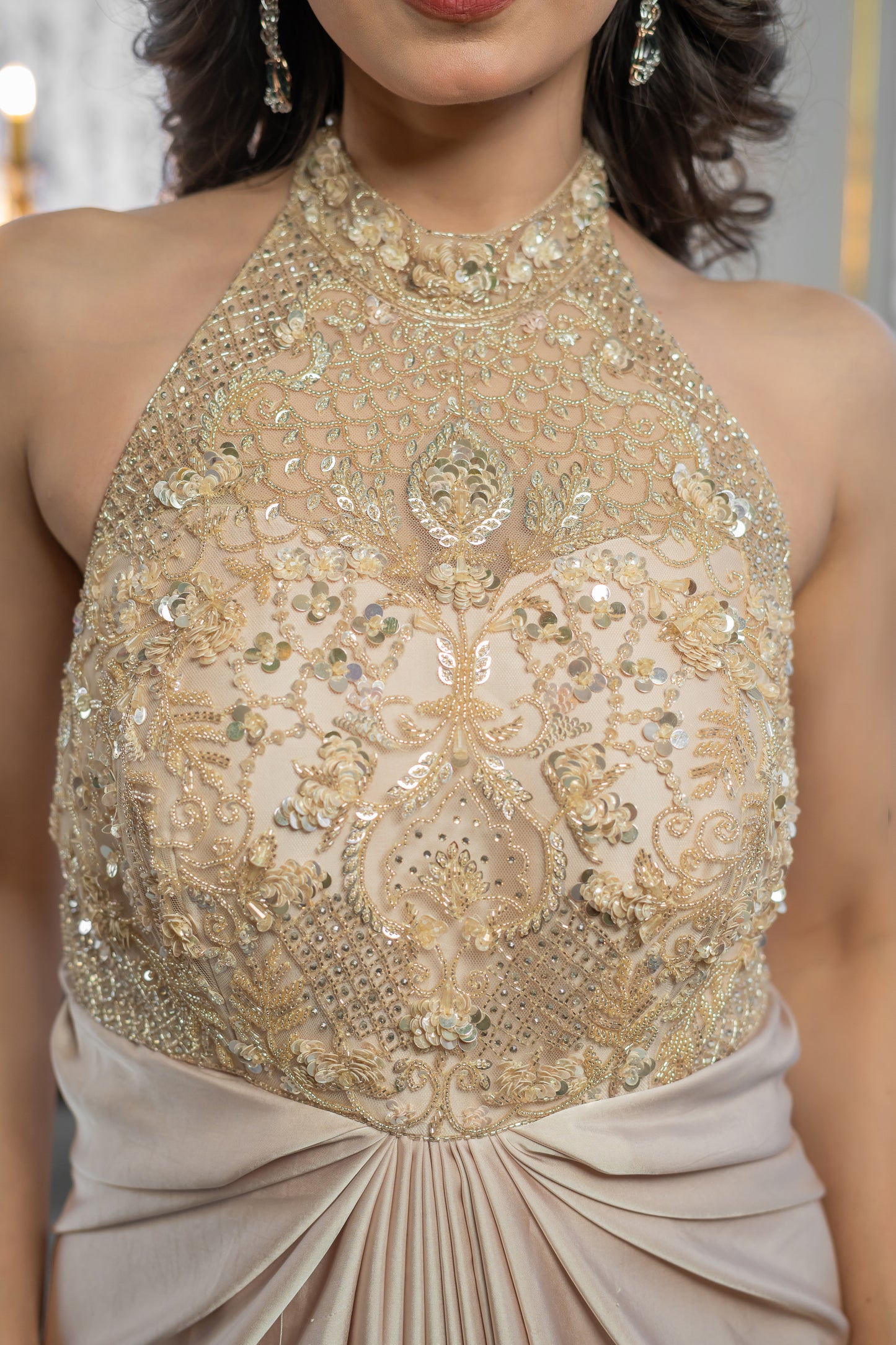 Beige Gown with Embellished Halter Bodice