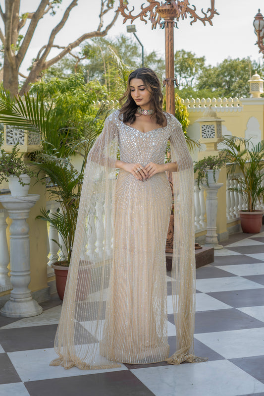 Gold Gown with Embellished Cape Sleeves
