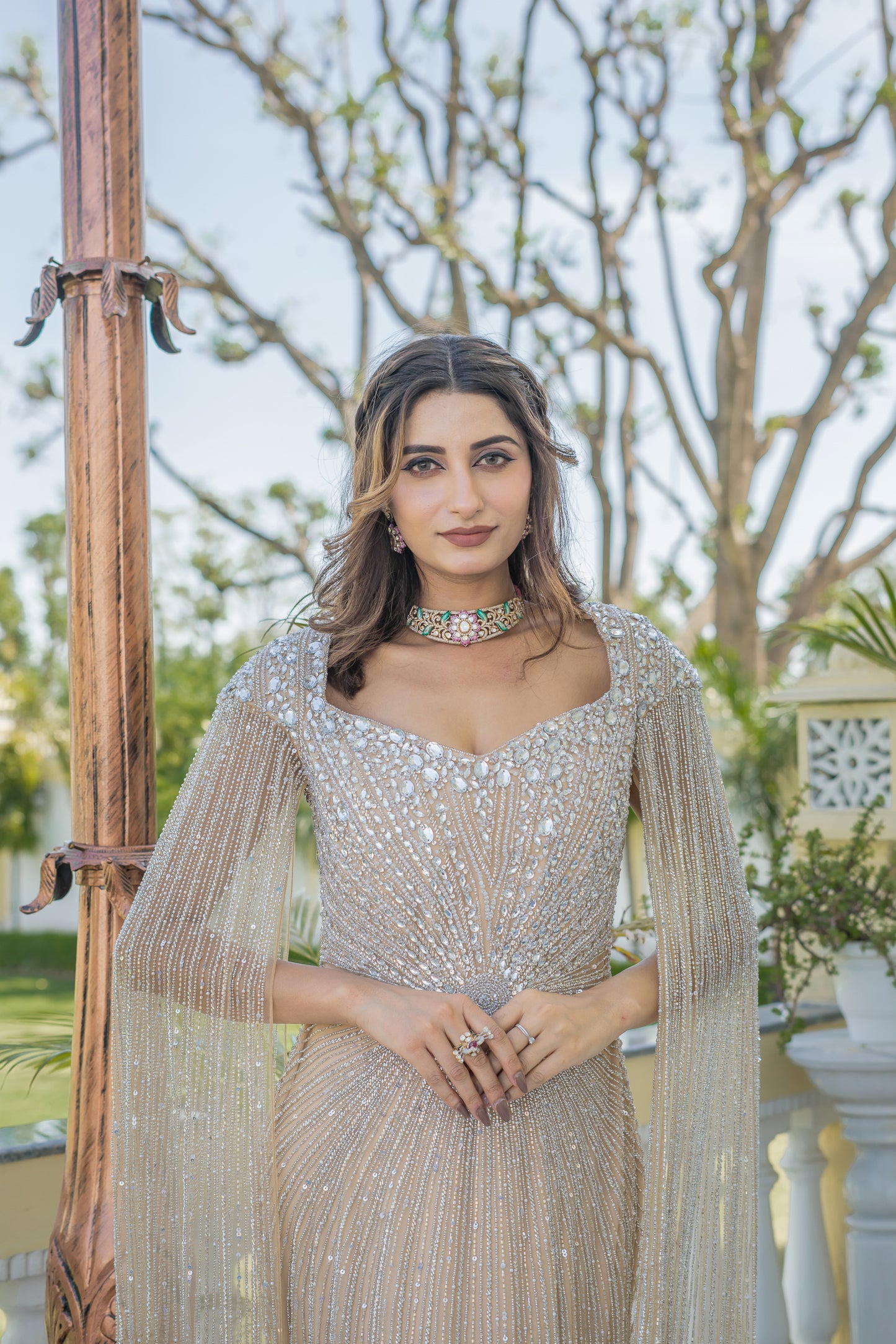 Gold Gown with Embellished Cape Sleeves