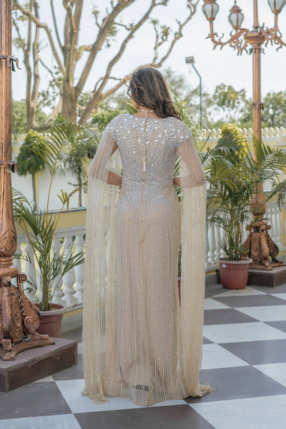 Gold Gown with Embellished Cape Sleeves