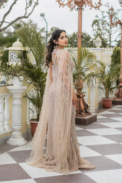 Beige Embellished Gown With Attached Cape