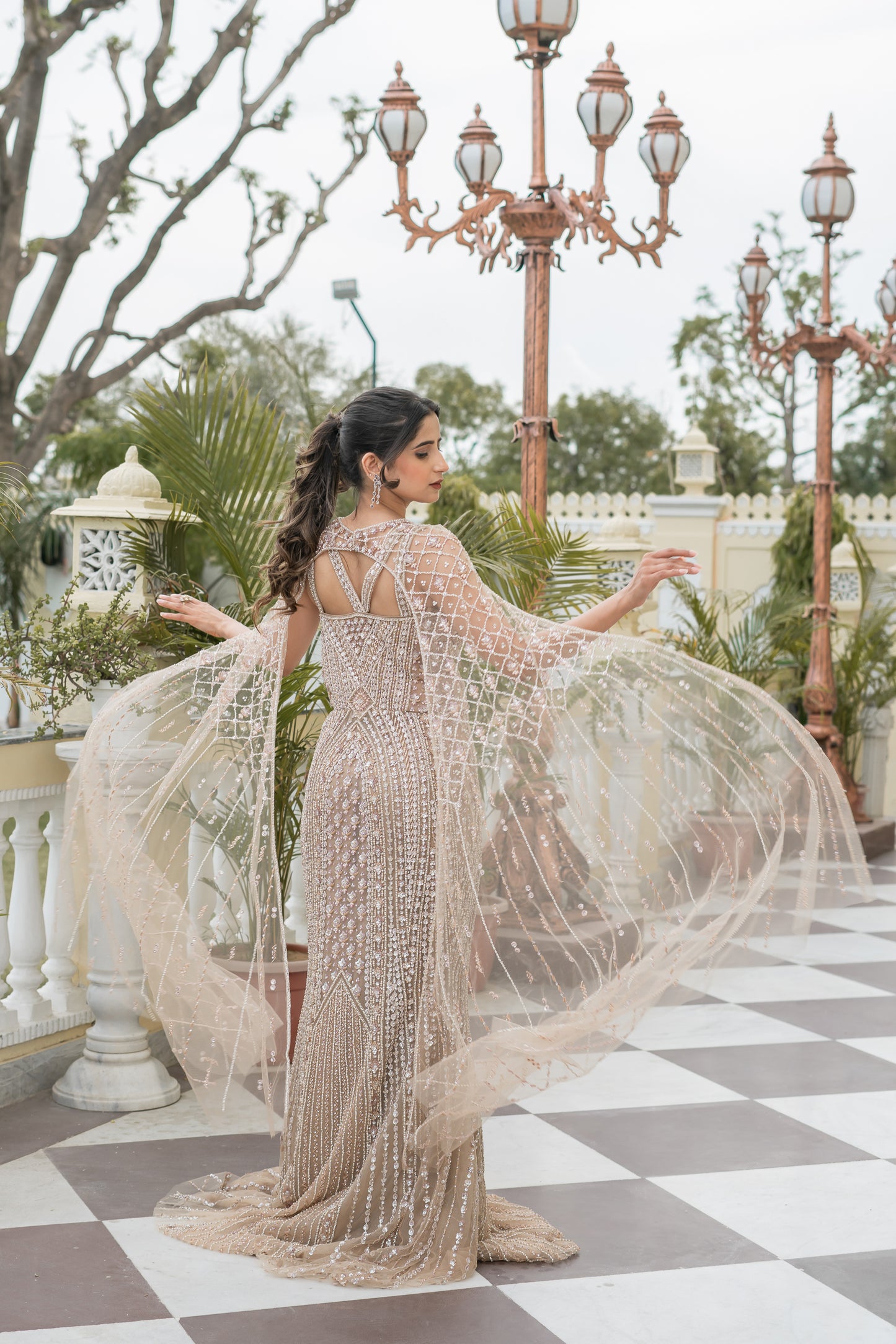 Beige Embellished Gown With Attached Cape
