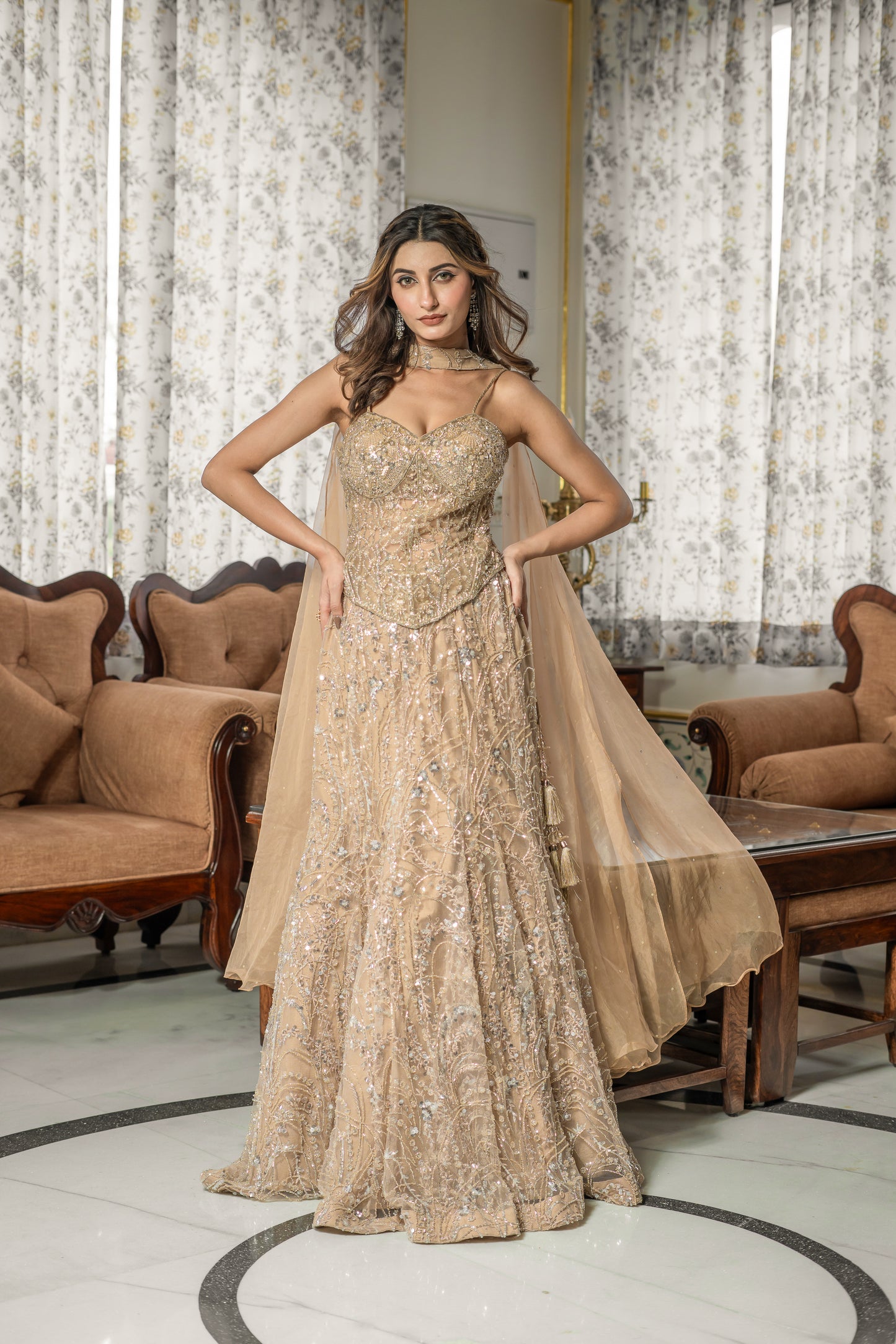 Beige Embellished Lehenga Set